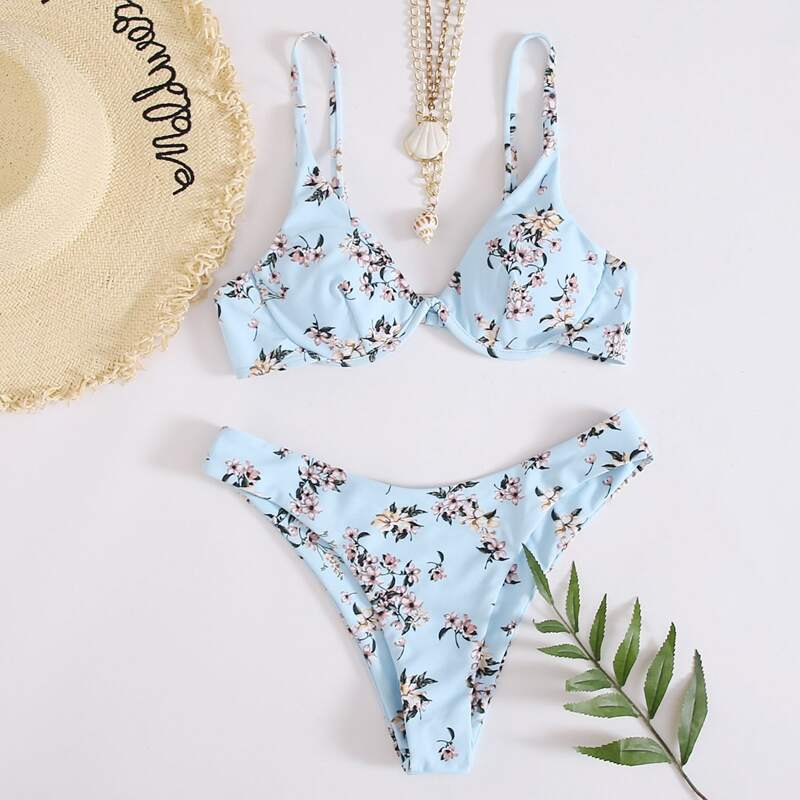 

Floral Underwire Bikini Swimsuit, Baby blue
