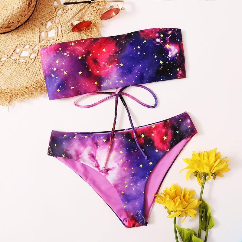

Galaxy Print Bandeau Bikini Swimsuit, Multicolor