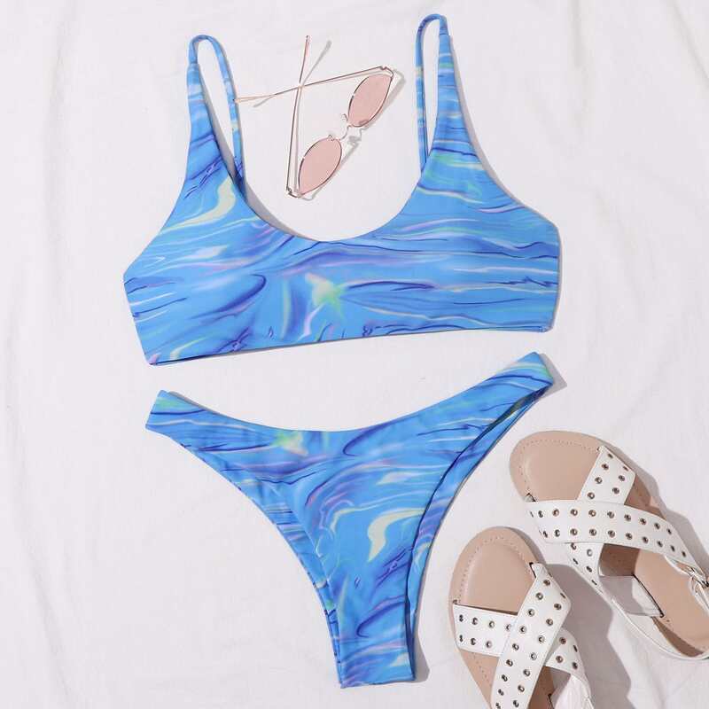 

Aurora Print Cheeky Bikini Swimsuit, Blue