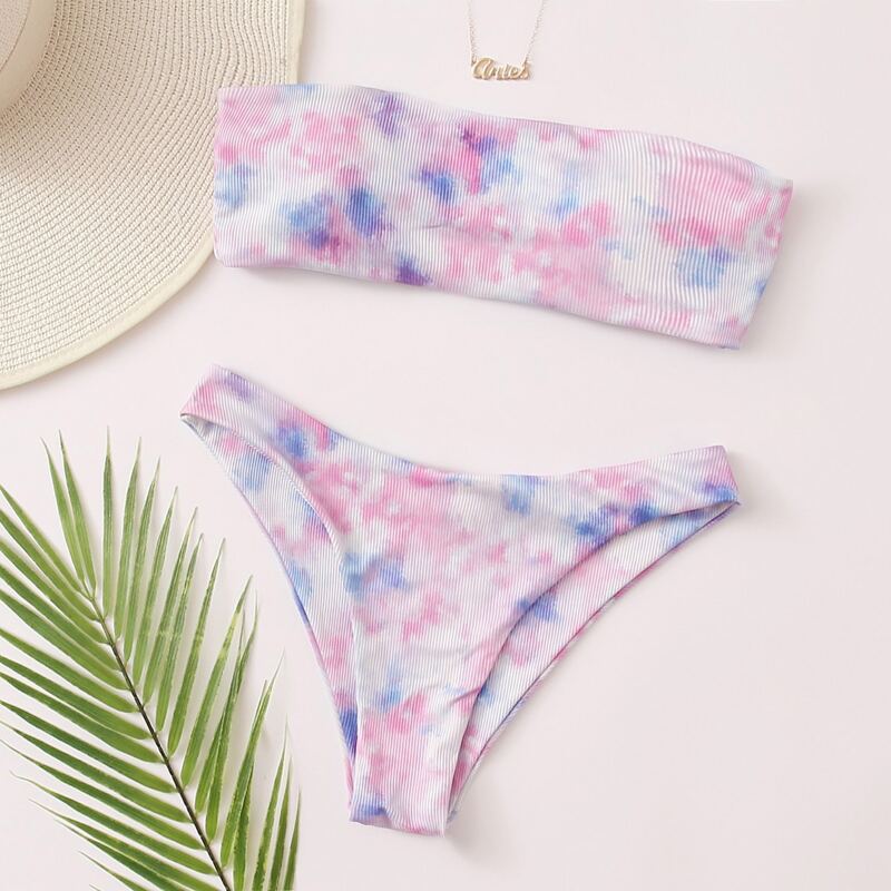 

Tie Dye Rib Bandeau Bikini Swimsuit, Multicolor