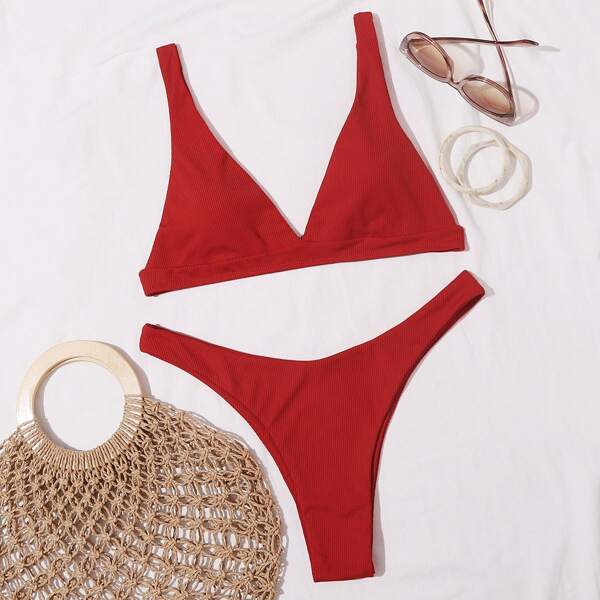 

Rib High Cut Bikini Swimsuit, Red