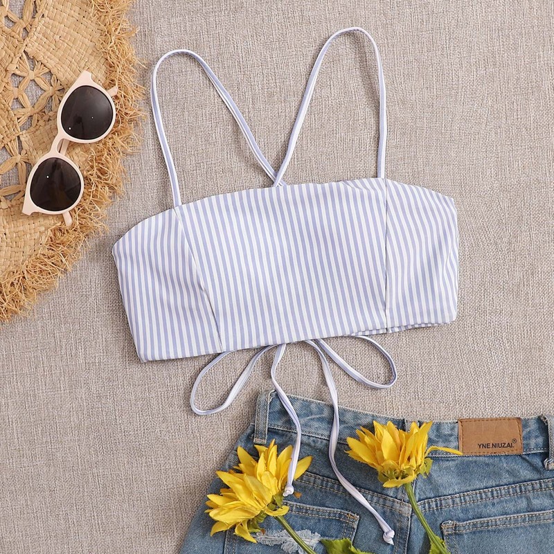 

Striped Knot Back Bikini Top, Blue