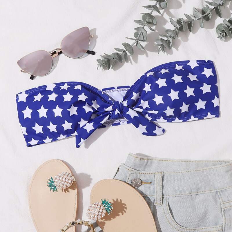 

Star Print Knot Front Bandeau Bikini Top, Blue