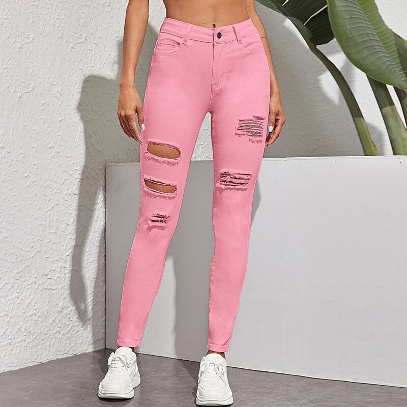 

Ripped Slant Pocket Skinny Jeans, Baby pink