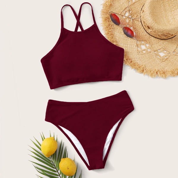 

Tie Back High Waisted Bikini Swimsuit, Burgundy