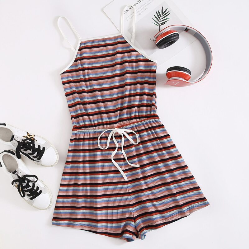 

Knot Waist Colorful Striped Slip Romper, Multicolor