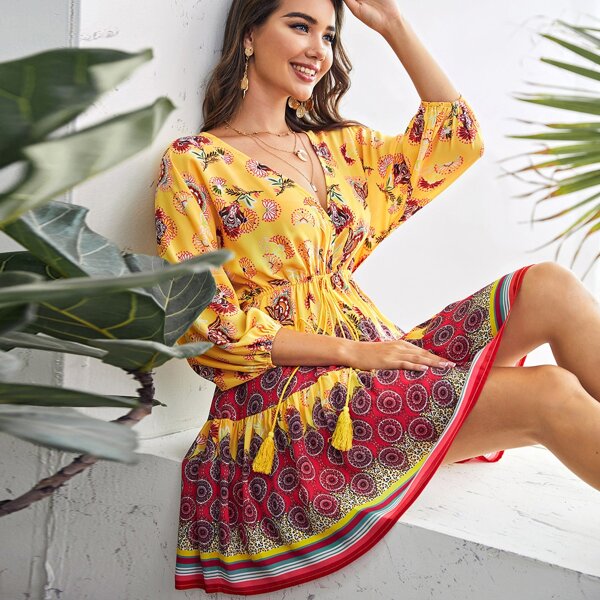 

Surplice Neck Floral and Striped Dress, Multicolor