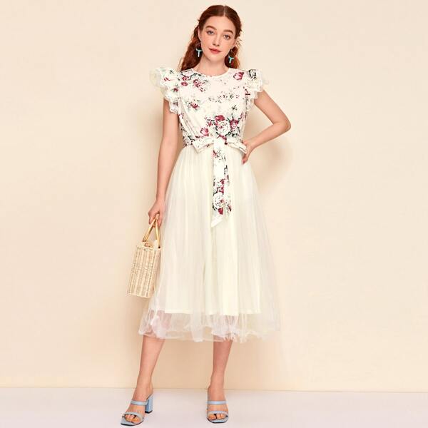 

Lace Ruffle Trim Self Belted Floral Bodice Mesh Dress, Beige