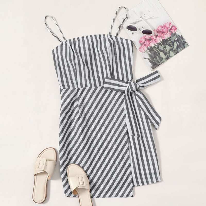 

Wrap Tie Side Striped Slip Dress, Black and white