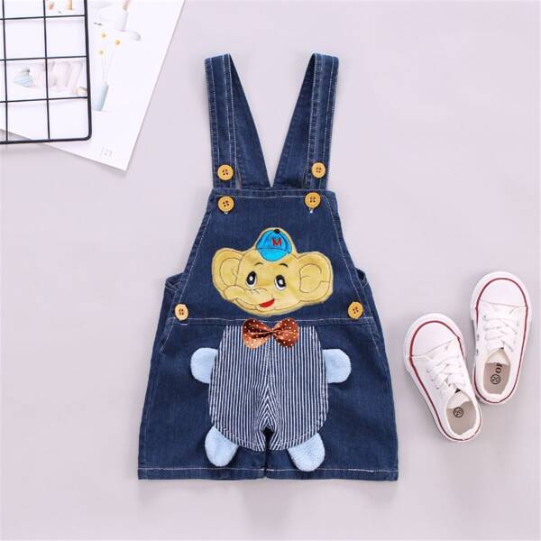 

Baby Boy Cartoon Patched Bow Front Denim Overall, Dark wash