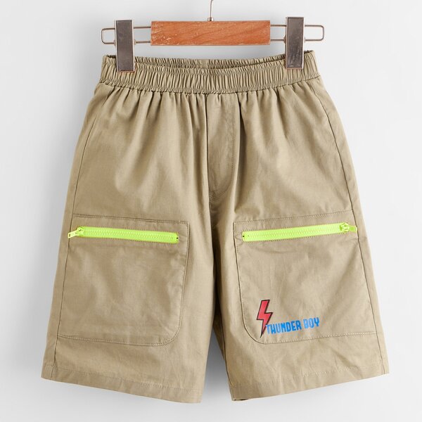 

Boys Letter Graphic Neon Lime Zip Pocket Patched Shorts, Khaki