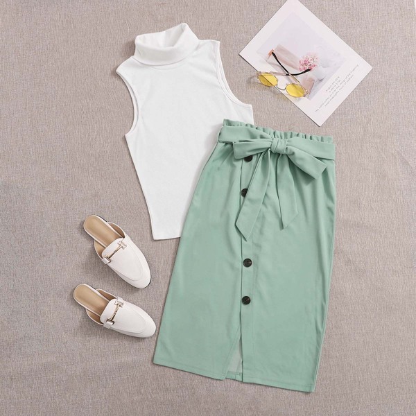 

Funnel Neck Top & Paperbag Waist Buttoned Front Skirt Set, Multicolor