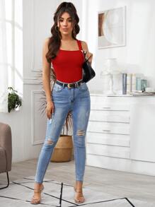 SHEIN Essnce Top de tirantes corto unicolor tejido de canalé - Rojo - Ver 4