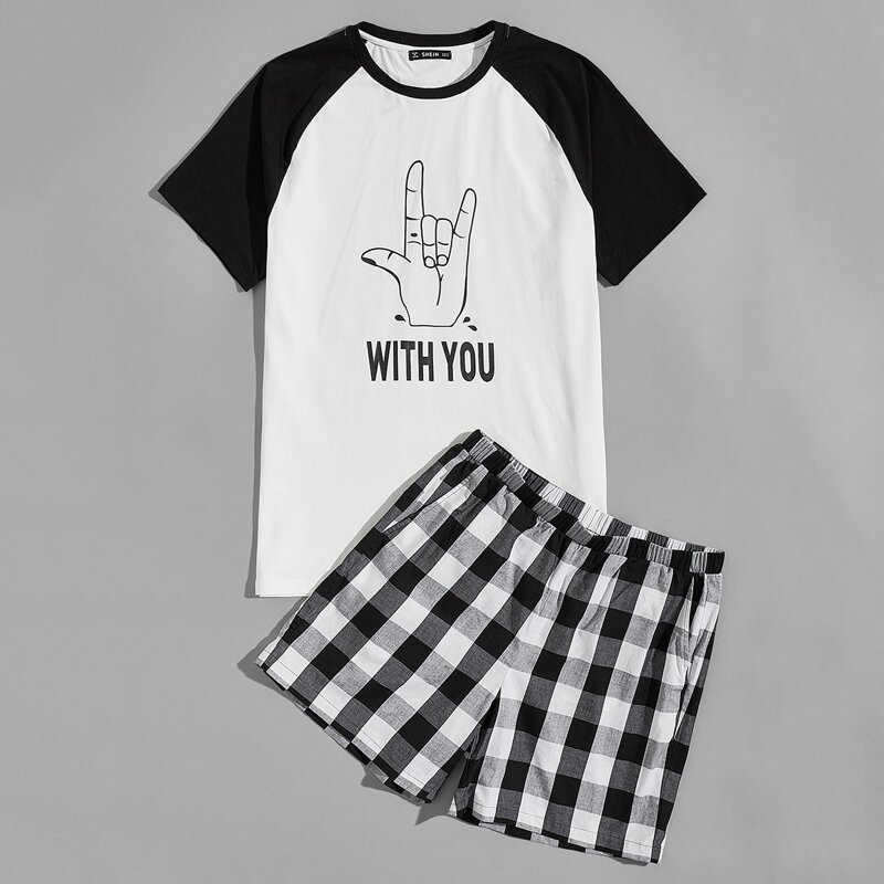 

Guys Raglan Sleeve Gesture & Letter Graphic Top & Buffalo Plaid Shorts PJ Set, Black and white