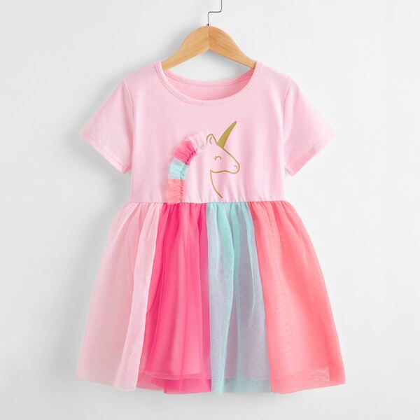

Toddler Girls Contrast Mesh Unicorn Print Dress, Multicolor