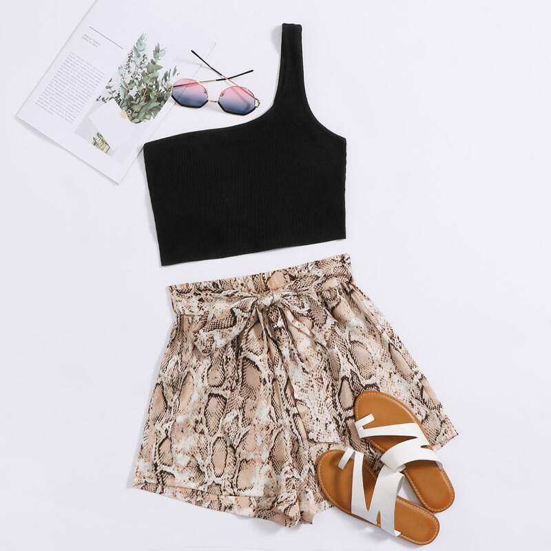 

One Shoulder Rib-knit Crop Top & Snakeskin Belted Shorts Set, Multicolor