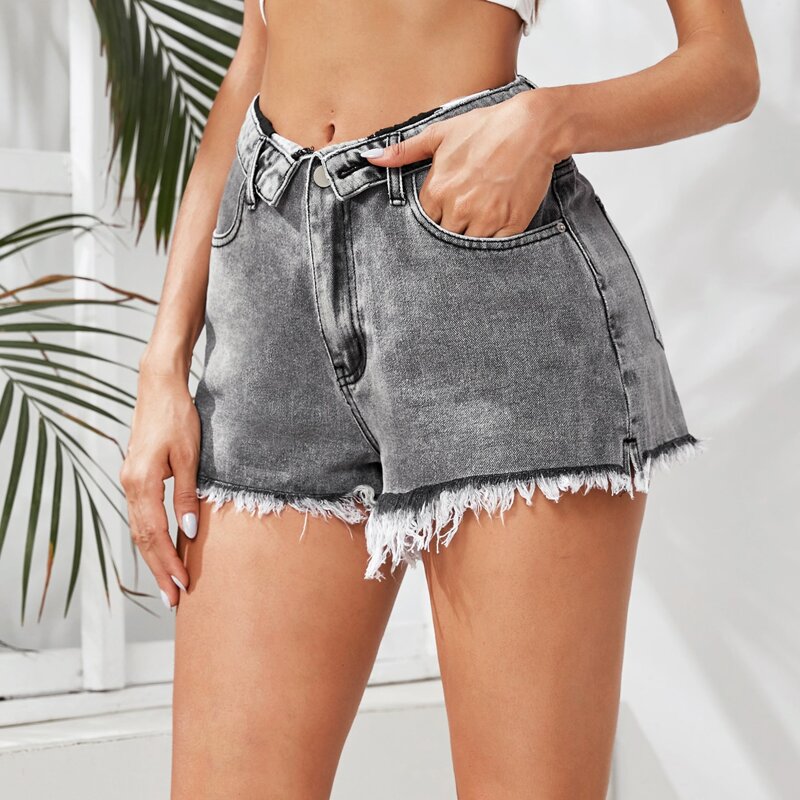 

Raw Hem Slant Pocket Denim Shorts, Grey