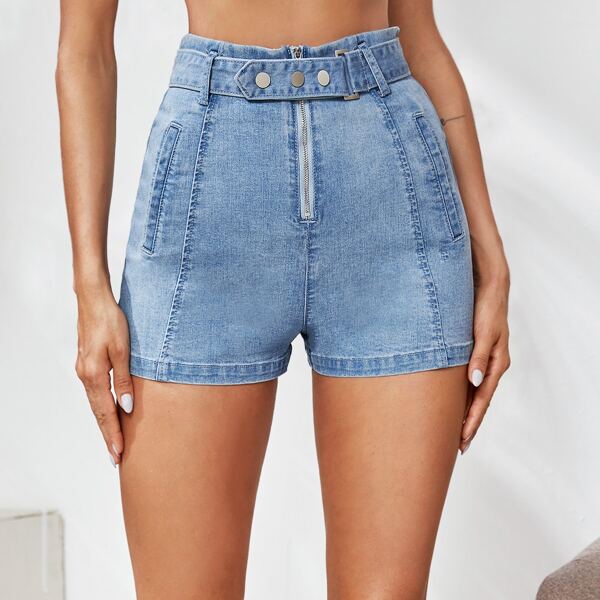

Zip Front Belted Denim Shorts, Blue