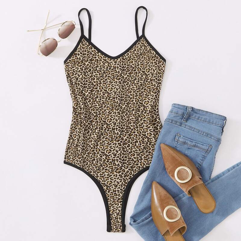 

Leopard Print Contrast Trim Cami Bodysuit, Multicolor