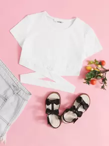 SHEIN 適合青少年女孩的十字交叉剪裁實色t恤 - 白色 - 查看 1