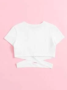 SHEIN 適合青少年女孩的十字交叉剪裁實色t恤 - 白色 - 查看 2