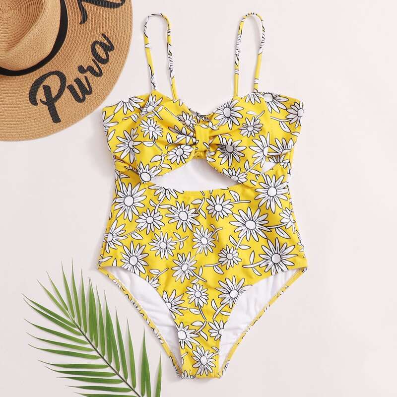 

Floral Cut-out Knot One Piece Swimsuit, Yellow