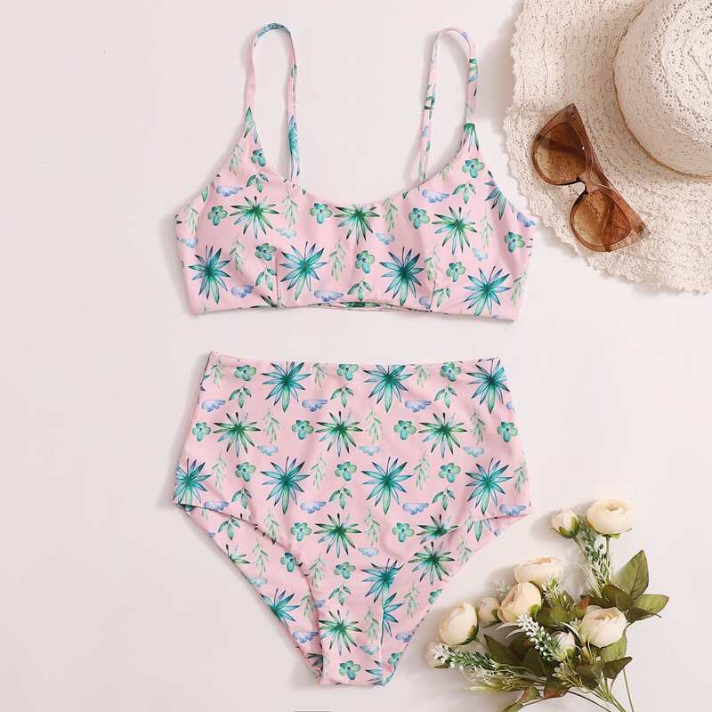 

Leaf Print High Waisted Bikini Swimsuit, Baby pink