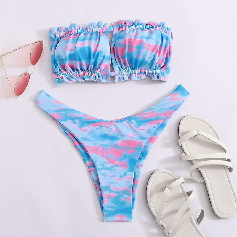 

Tie Dye Ruched Bandeau High Cut Bikini Swimsuit, Multicolor