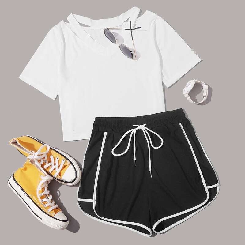 

V Neck Peekaboo Crop Tee & Dolphin Shorts, Black and white