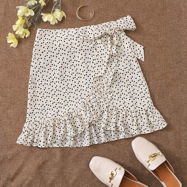 

Confetti Heart Print Tie Front Ruffle Wrap Skirt, White