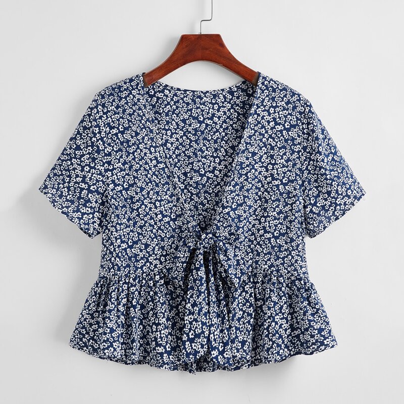 

Ditsy Floral Tie Front Top, Blue