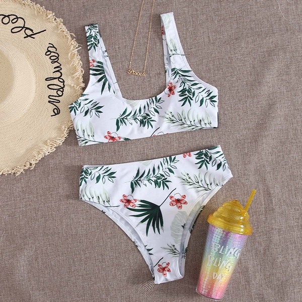 

Tropical High Waisted Bikini Swimsuit, White