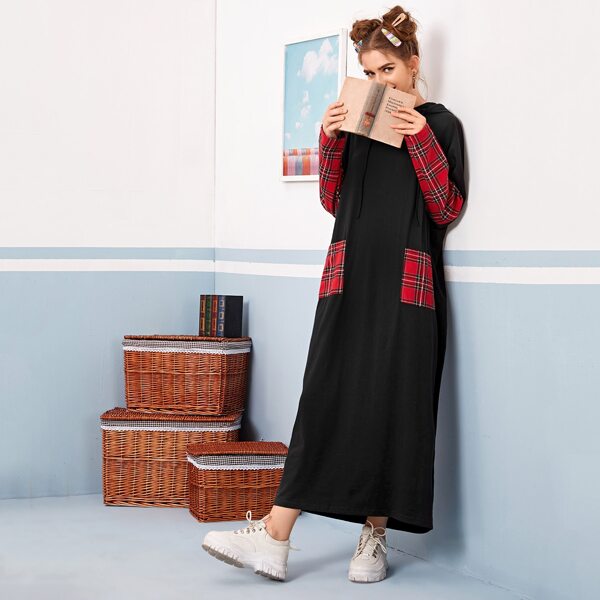 

Tartan Panel Pocket Patched Drawstring Hooded Dress, Black