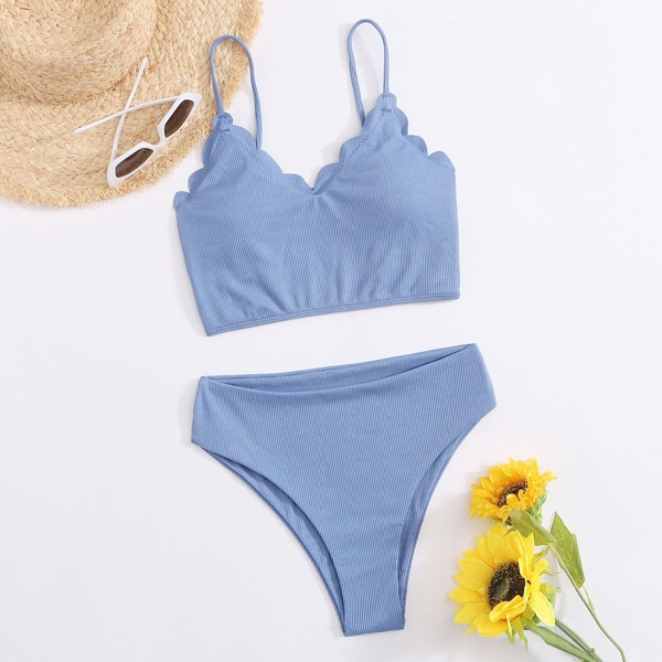 

Rib Scallop Trim High Waisted Bikini Swimsuit, Pastel dusty blue