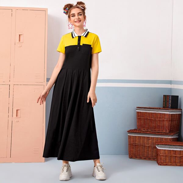 

Pocket Patched Striped Trim Colorblock Polo Dress, Black