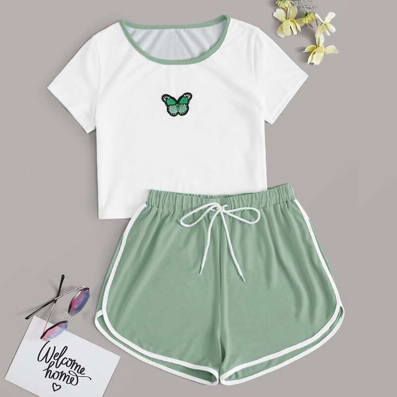 

Butterfly Embroidery Tee & Dolphin Shorts, Green