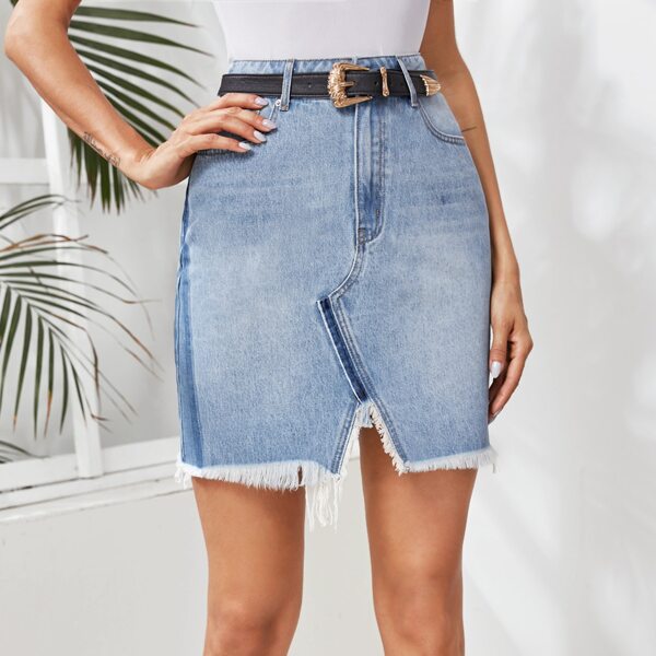 

Raw Hem Split Denim Skirt Without Belt, Light wash