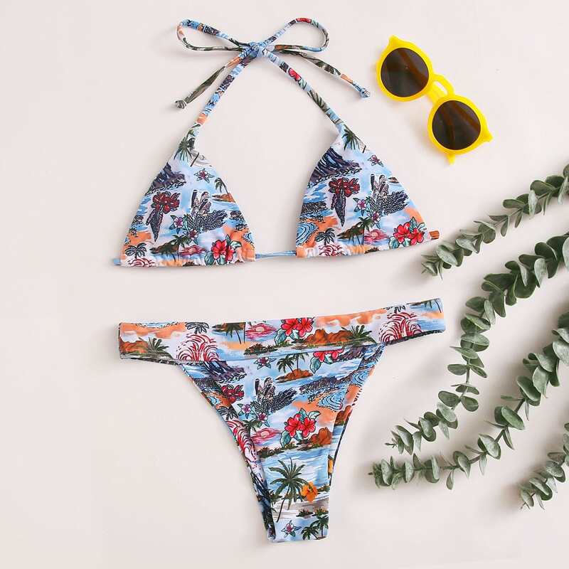 

Landscape Print Triangle Tanga Bikini Swimsuit, Multicolor