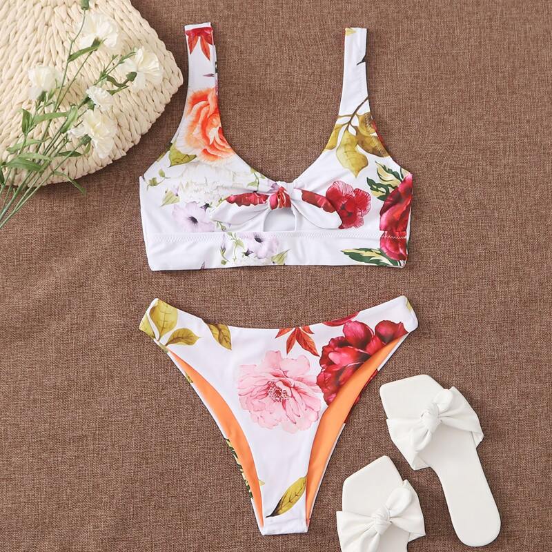 

Floral Knot Front Bikini Swimsuit, White