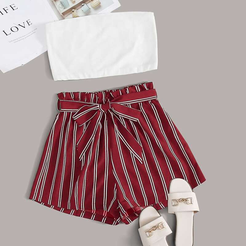 

Tube Top & Striped Shorts, Red and white