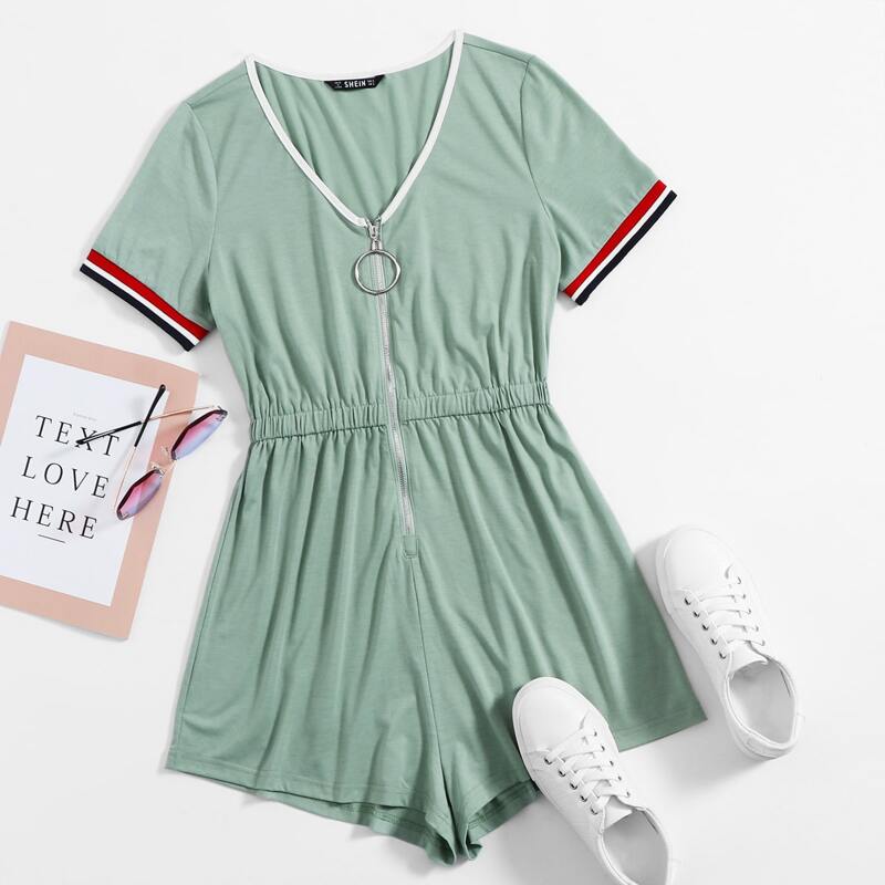 

Striped Trim O-ring Zip Front Romper, Mint green