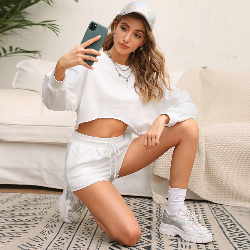 

Solid Drawstring Waist Shorts PJ Set, White