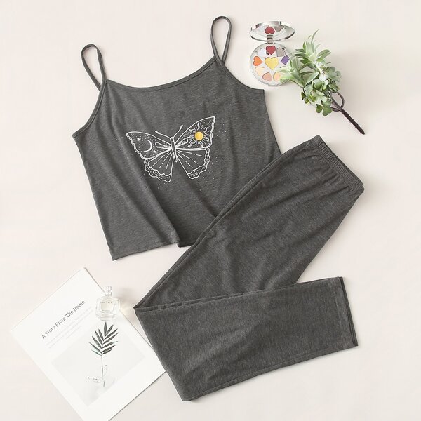 

Butterfly And Graphic Pants PJ Set, Grey