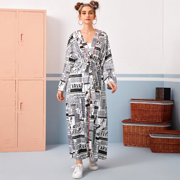 

Drop Shoulder Newspaper Print Belted Abaya, Black and white