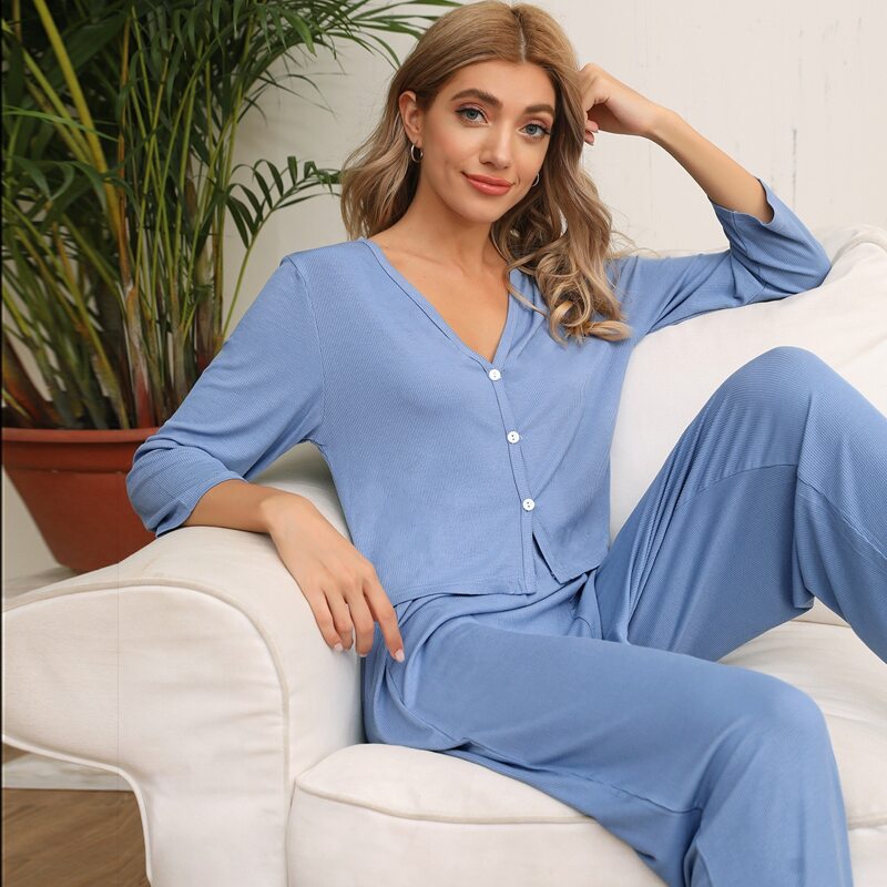 

Rib-knit Solid PJ Set, Blue