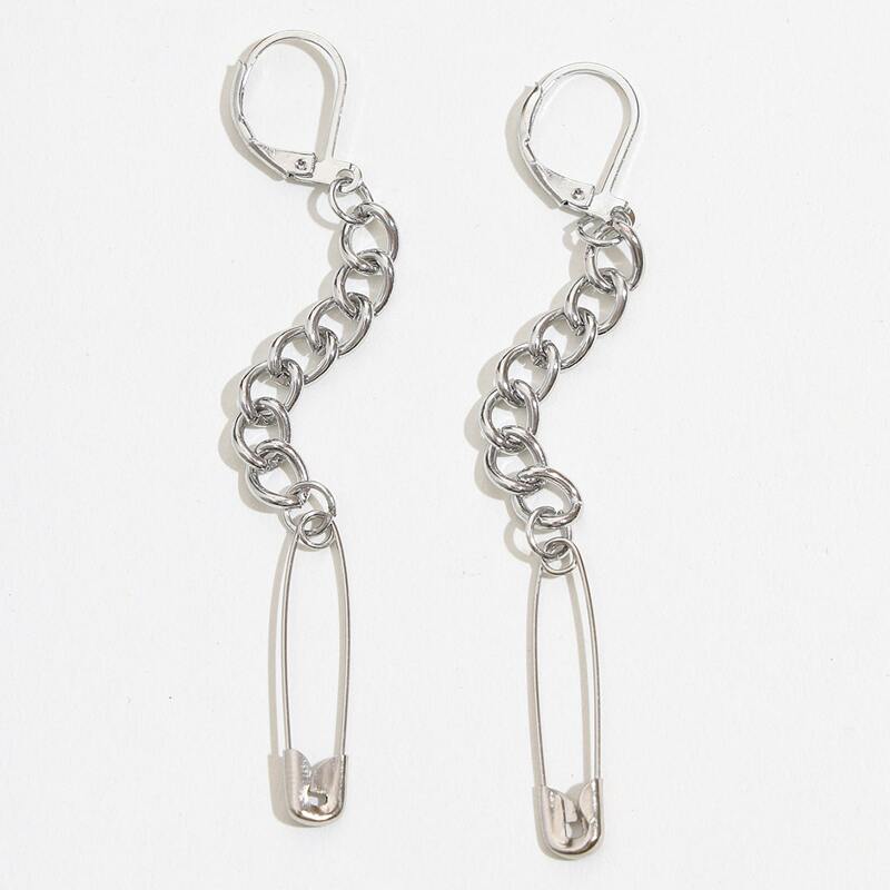 

Safety Pin Charm Drop Earrings, Silver