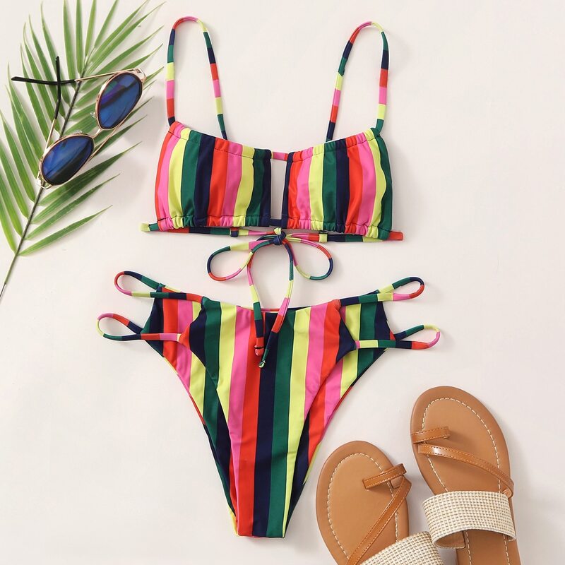 

Colorful Striped Cut-out Bikini Swimsuit, Multicolor