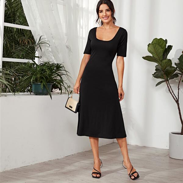 

Solid Scoop Neck A-Line Dress, Black