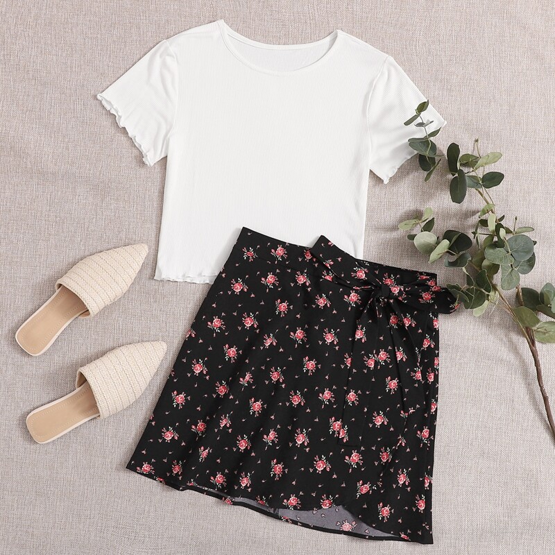 

White Tee & Floral Wrap Skirt, Multicolor
