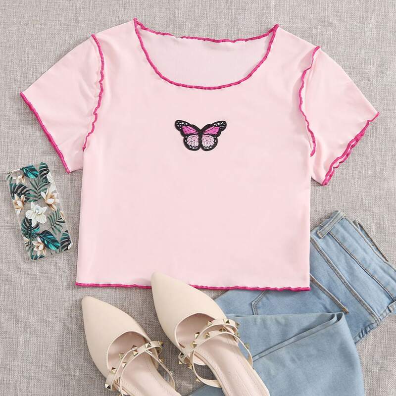 

Butterfly Embroidery Lettuce Trim Tee, Pink